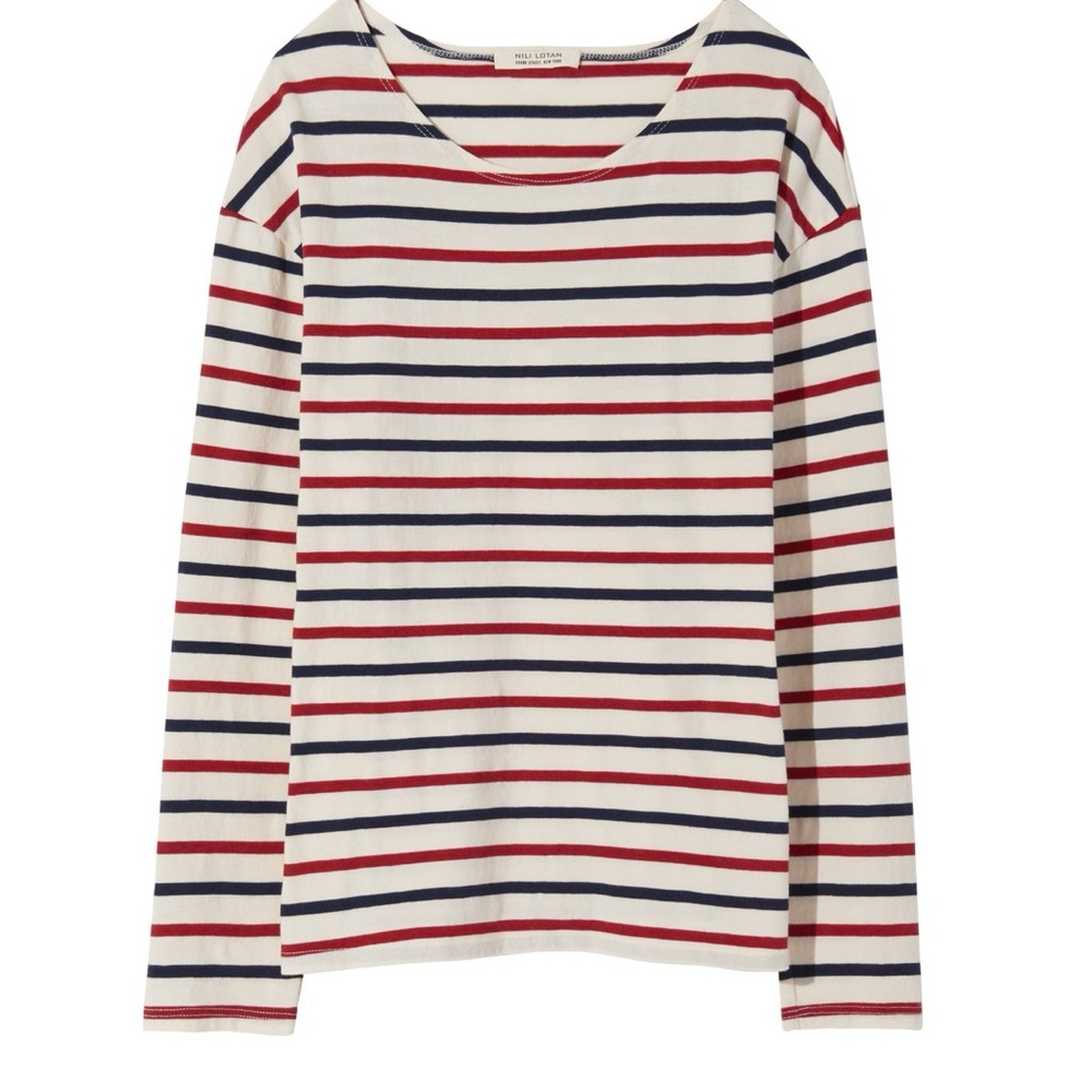Nili Lotan Cream Long Sleeve Stripe Boatneck Top with Red & Navy